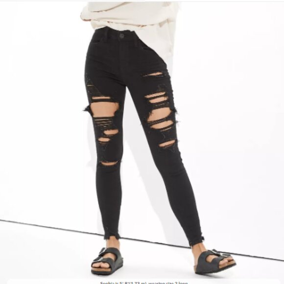 American Eagle Outfitters Denim - AE Ne(x)t Level Ripped High-Waisted Jegging in Bold Black Size 12